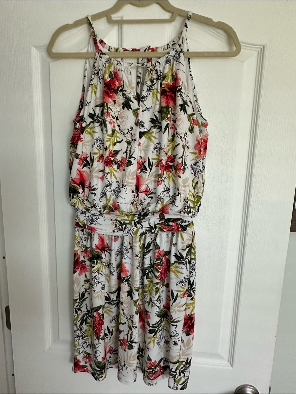 White House Black Market White Floral Halter Mini Dress with Red & Green Print